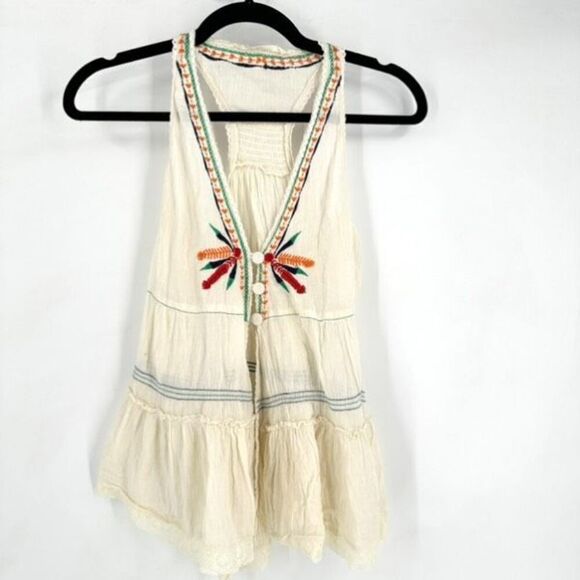 Vanilla Star Bohemian split Button Front Embroidered top Gauzy Small sleeveless - Picture 2 of 9